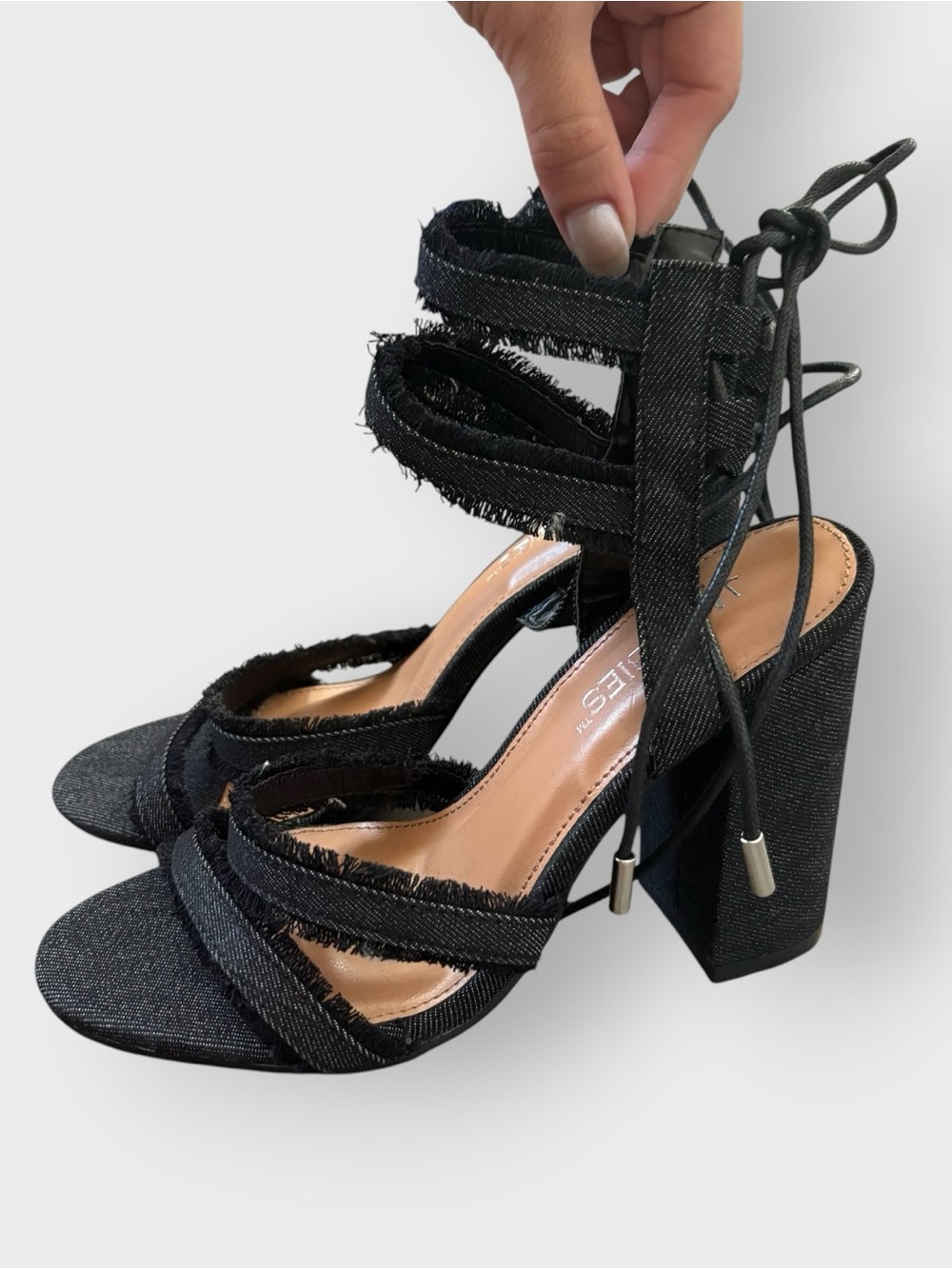 Jacobies Dark Denim Strappy Block Heel Sandals - Lace Up Tie